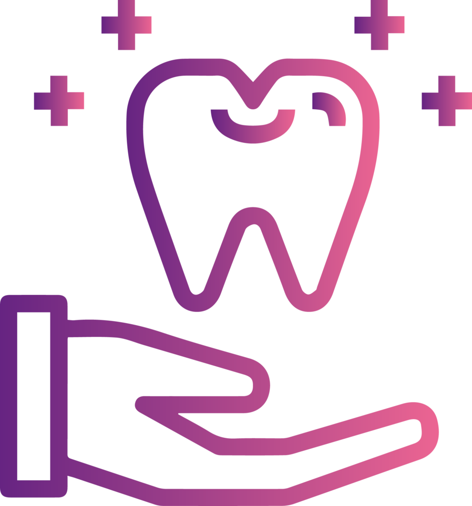 Icône représentant les soins dentaires, dent avec une main en soutien